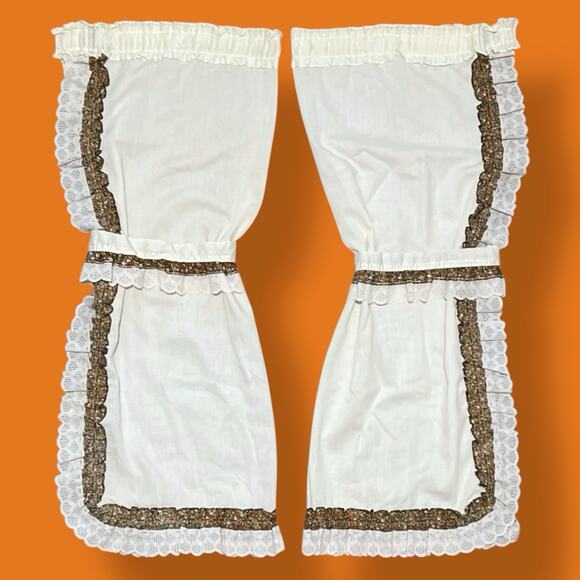 70s Vintage Cream Brown Gold Floral Ruffle Lace Hippy Curtain Valance 15PC SET - Picture 5 of 9